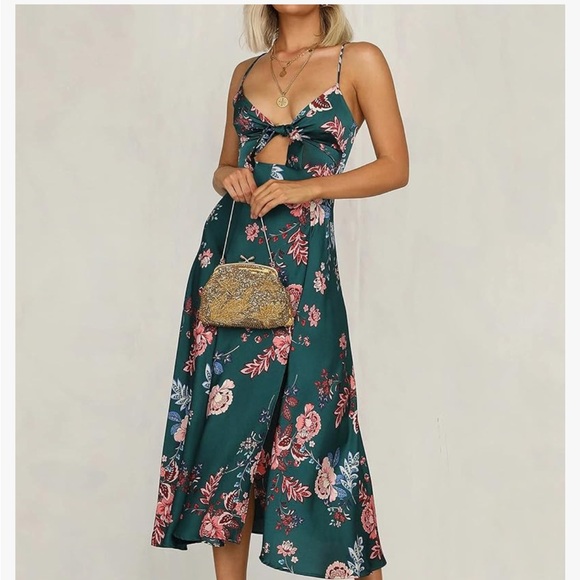 Women’s spaghetti strap midi satin dress with tie front and slit - Picture 4 of 7